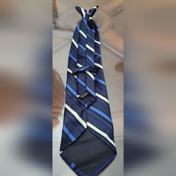 Clip on Tie Blue Black White Stripes - Picture 3 of 3